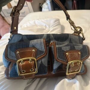 Vintage Denim and Brown Leather Coach Shoulder Bag